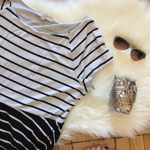 LOFT Black White Stripe Flare Dress